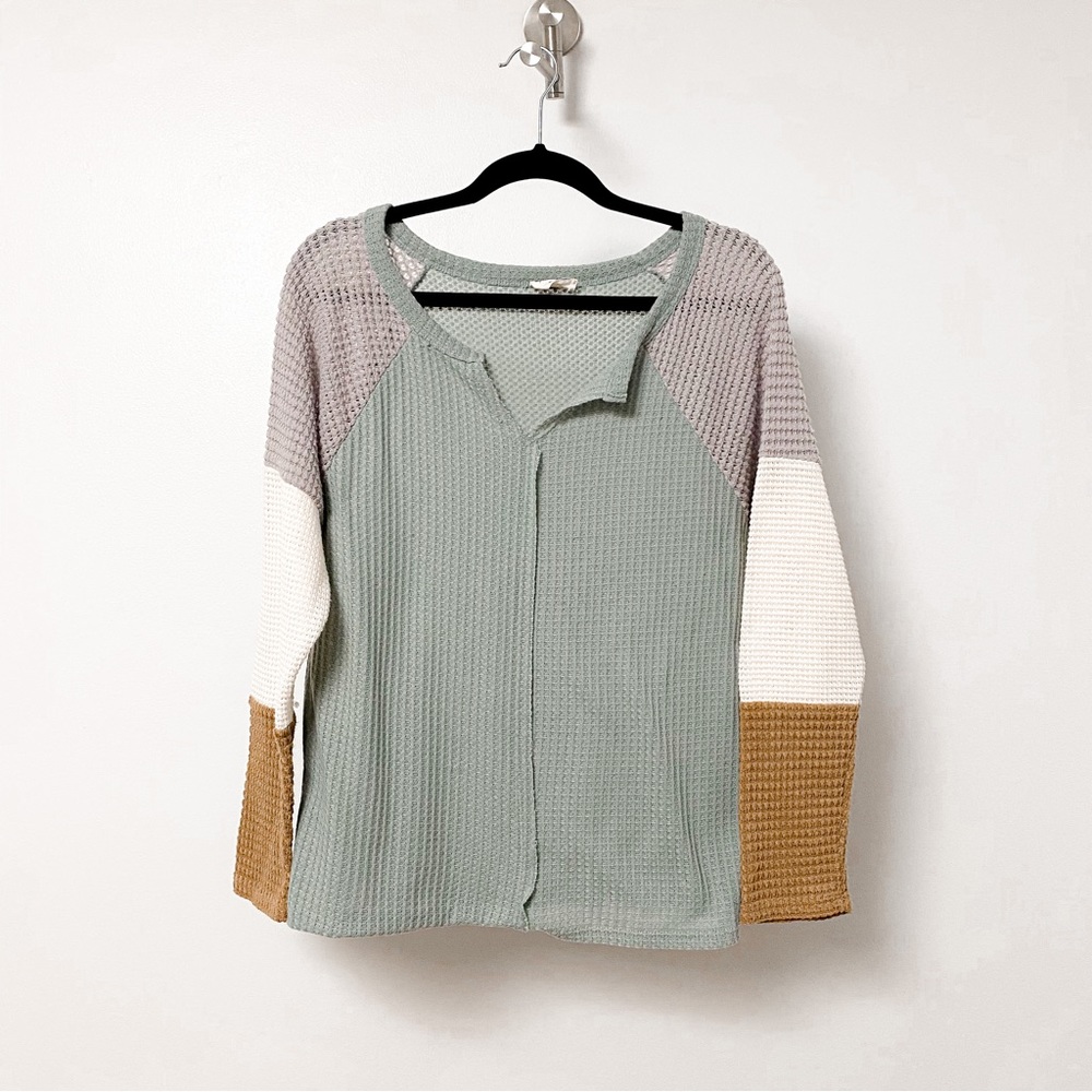 143 Story Fall Preppy Chic Casual Color Block Waffle Knit Thermal V Neck Top